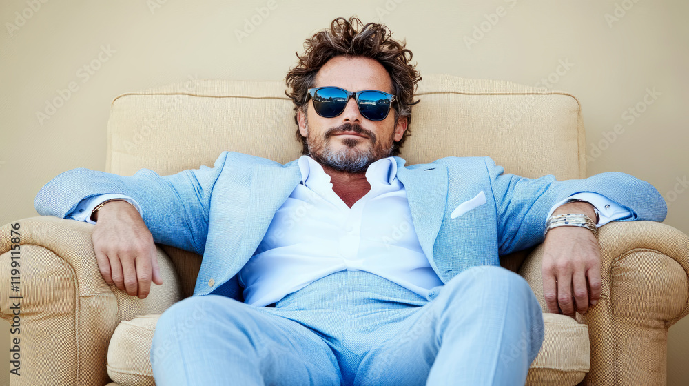 Stylish Man Relaxing in Light Blue Suit on Beige Armchair, Wearing Sunglasses Stylish Man Relaxing in Light Blue Suit on Beige Armchair, Wearing Sunglasses