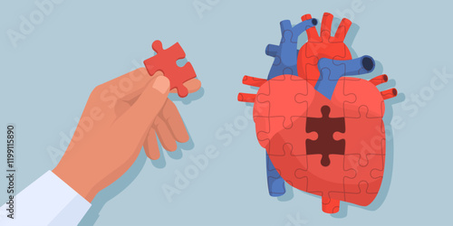 Man completing a puzzle shaped as human heart