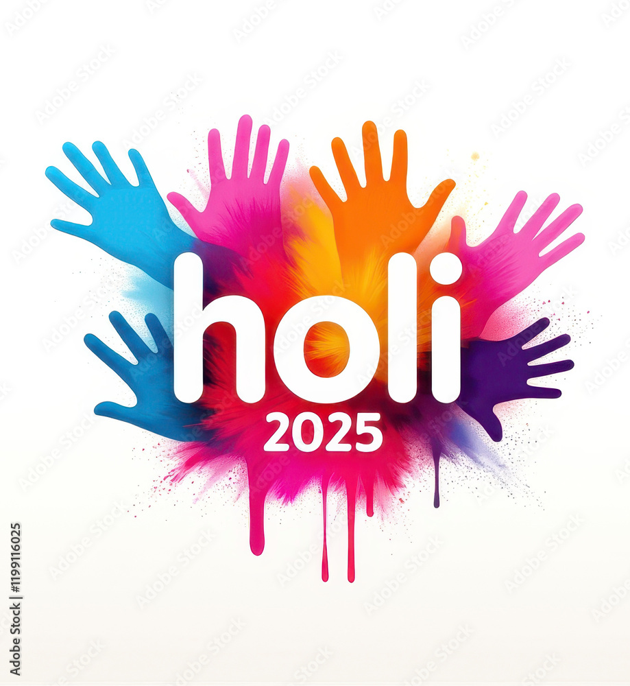 Vibrant holi 2025 celebration design with colorful handprints for festival posters Vibrant holi 2025 celebration design with colorful handprints for festival posters