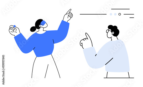 Two stylized figures engaged in a brainstorming session, gesturing and discussing abstract ideas. Ideal for teamwork, brainstorming, modern office, collaboration, remote work, communication, project