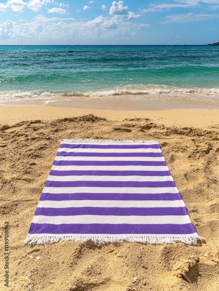 Purple and white striped beach towel on sandy beach near ocean Purple and white striped beach towel on sandy beach near ocean