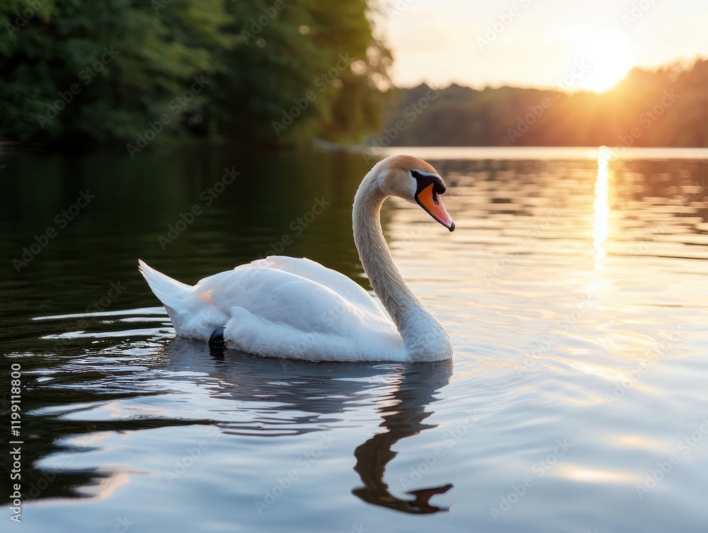 Fototapeta premium Majestic swan on a calm lake at sunset