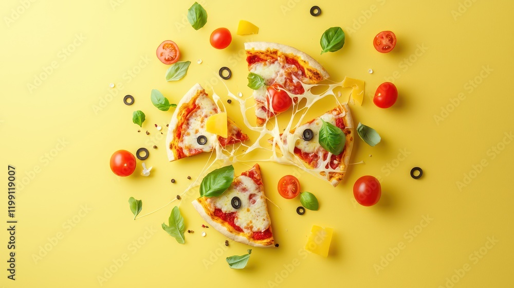 A vibrant arrangement of pizza slices topped with cheese, olives, and fresh vegetables, set against a bright yellow background. A vibrant arrangement of pizza slices topped with cheese, olives, and fresh vegetables, set against a bright yellow background.