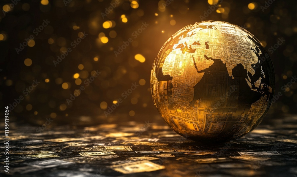 Golden globe with currency symbols representing global finance and economy Golden globe with currency symbols representing global finance and economy