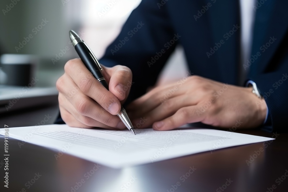 Φωτογραφία Close up of businessman signing contract or legal document with pen at desk