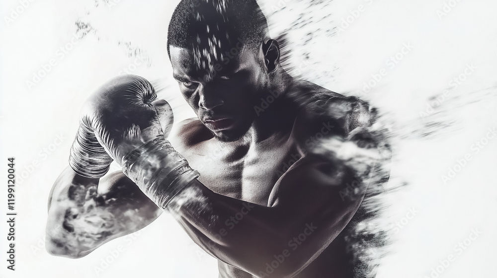 CCTV-style grab of an African American boxer mid-motion shadowboxing CCTV-style grab of an African American boxer mid-motion shadowboxing