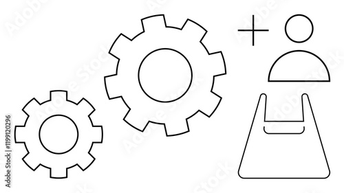 Two gears, human figure, and plus sign convey teamwork, collaboration, project management, and productivity. Ideal for business strategy, HR, system integration co-working skill enhancement