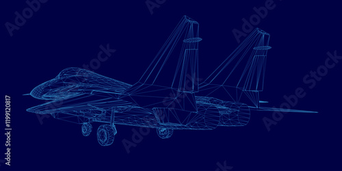 Blue computer generated image of a fighter jet. The jet is in the middle of the image and is surrounded by a lot of lines. The image has a futuristic and sleek look to it