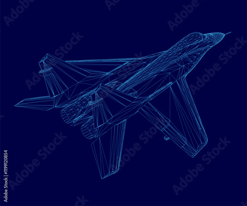 Blue airplane is shown in a blue background. The airplane is a fighter jet. The image is a computer generated image