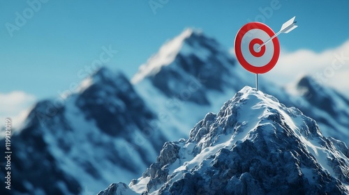 Snow-covered mountain peak with red and white target at summit and arrow embedded in cente photo