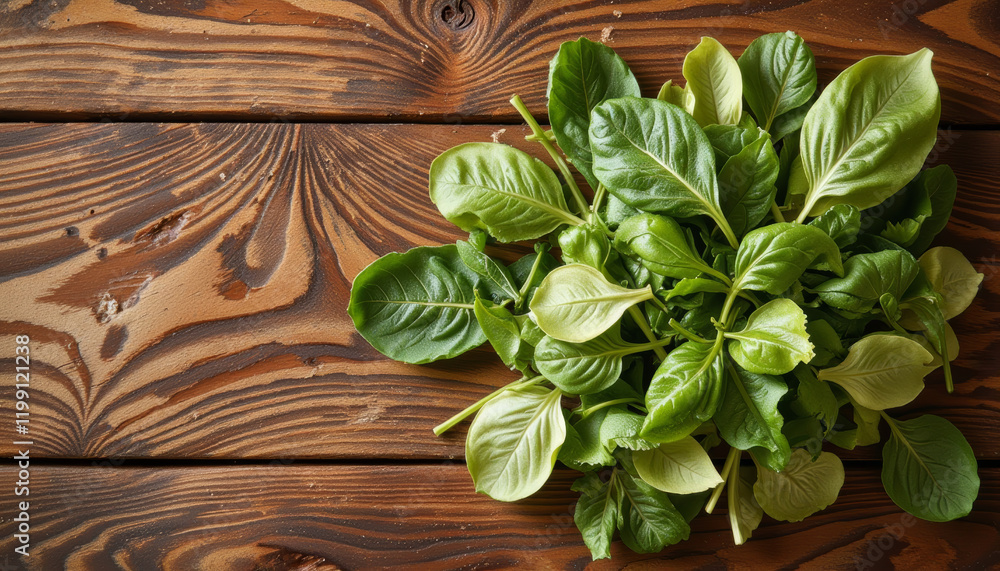 Fresh basil leaves on rustic wooden table Fresh basil leaves on rustic wooden table