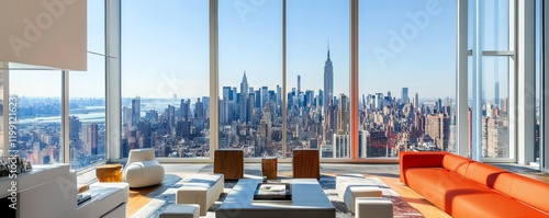 Modern high-rise living room with panoramic city view and elegant furniture.