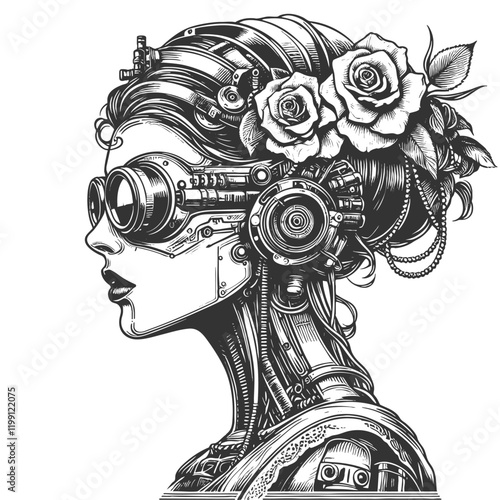 futuristic cyborg cyberpunk woman with intricate mechanical details, goggles, and roses in her hair, technology sketch engraving generative ai vector illustration. Scratch board. Black and white.