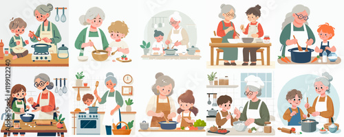 vector set of grandmother with her grandson cooking