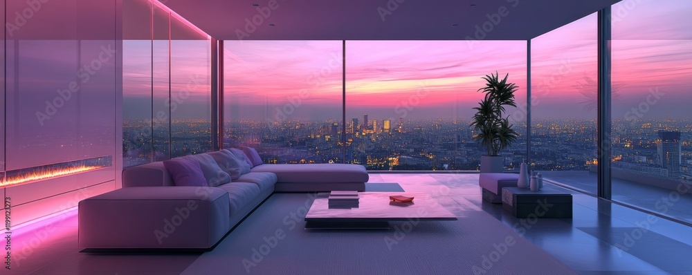 Fototapeta premium Modern minimalist living room with pink lighting and city view at sunset.