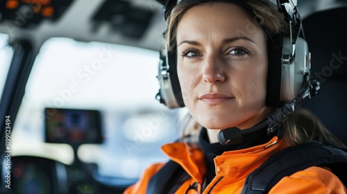 A confident female pilot wearing a professional headset and vibrant orange jacket sits in the cockpit of a helicopter, surrounded by advanced flight controls.
