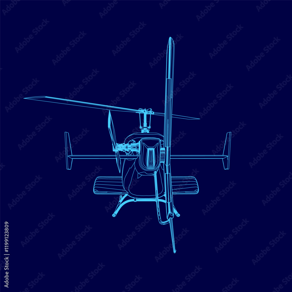 Blue helicopter with a propeller. Back view Blue helicopter with a propeller. Back view