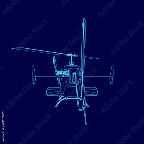 Blue helicopter with a propeller. Back view