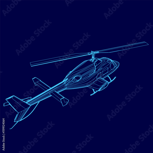 Blue helicopter is flying in the sky. The image is in blue and has a futuristic feel to it