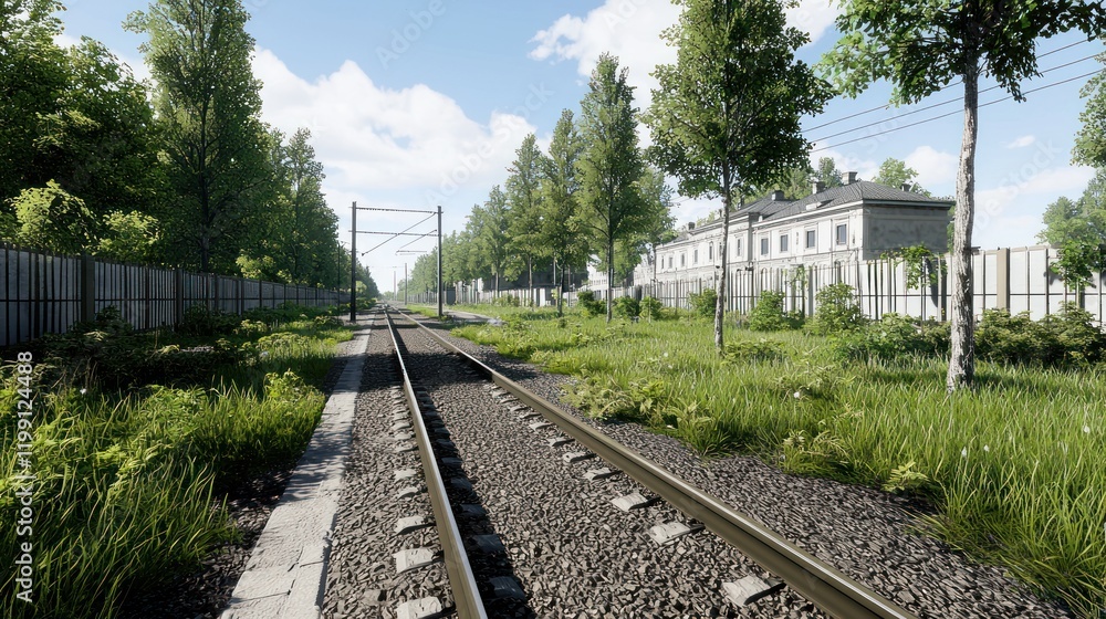 Fototapeta premium Overgrown Train Tracks on Sunny Day