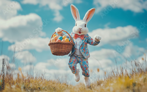 Easter bunny running in suit with basket full of easter eggs