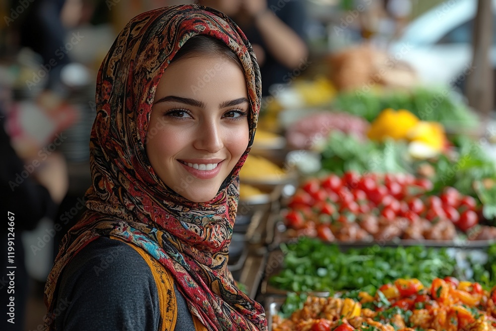 A smiling woman in a colorful scarf stands near a vibrant food market display. A smiling woman in a colorful scarf stands near a vibrant food market display.