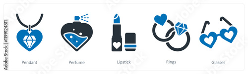 A set of 5 valentine's day icons as  pendant, perfume, lipstick