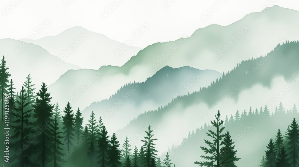 Fototapeta premium Foggy watercolor mountains, hills and trees. mountains in the fog