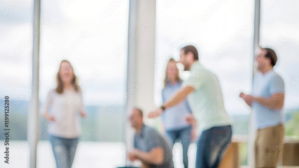 Obraz premium Company Retreat Blur – A blurred background showing a company retreat with employees engaging in group activities. 