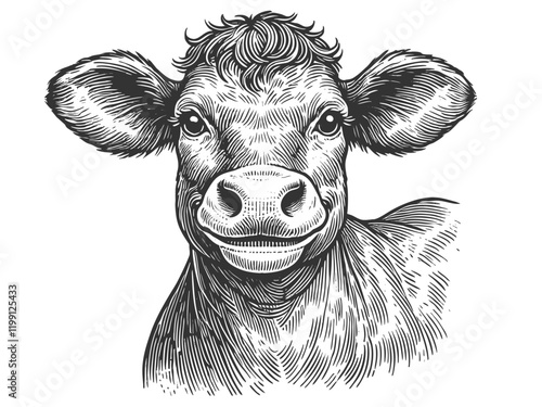 dairy cow with horns, spots, and a bell around its neck, symbolizing farm life and agriculture sketch engraving generative ai vector illustration. Scratch board imitation. Black and white image.
