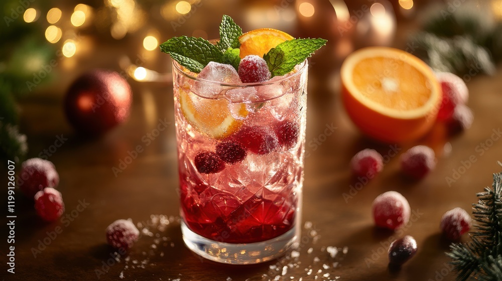 Refreshing non-alcoholic berry spritzer in a glass with ice cubes, garnished with mint leaves and orange slices, festive background lighting Refreshing non-alcoholic berry spritzer in a glass with ice cubes, garnished with mint leaves and orange slices, festive background lighting