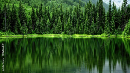 Emerald waters of Lake Carezza mirror the vibrant green forests and majestic mountains under a clear sky, creating a breathtaking natural backdrop in the Dolomites of Italy