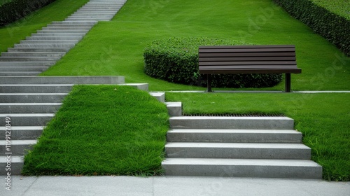 A serene park setting features a green park bench placed near a lush grassy hill and concrete stairs, inviting visitors to relax and enjoy the beauty of a summer day outdoors photo