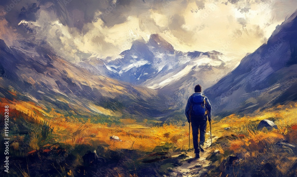 Hiker walking to mountains Hiker walking to mountains