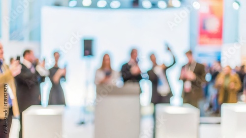 Product Launch Blur – A blurred background of a product launch event with attendees gathered around.	
