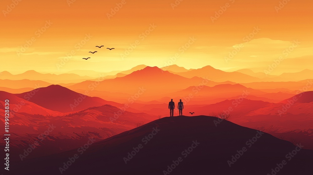 Couples enjoy a sunset view over mountain silhouettes while birds fly across the colorful sky Couples enjoy a sunset view over mountain silhouettes while birds fly across the colorful sky