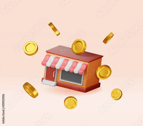3D franchise business for sale. Render franchising shop building or commercial property. Real estate business promotional, sme startup crowdfunding. Selling buying new business. Vector illustration