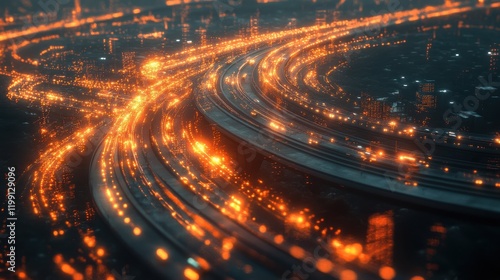 Futuristic smart city transportation network with glowing orange digital connections over a highway showcasing autonomous car systems photo