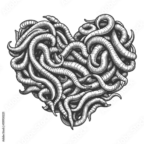 wriggling earthworms worms intricately arranged in heart shape, showcasing texture, detail, and a unique organic sketch engraving generative ai vector illustration. Scratch board. Black and white.