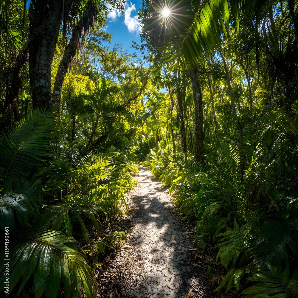 A sunny forest path surrounded by lush greenery, with sunlight filtering through the canopy and a brilliant blue sky above A sunny forest path surrounded by lush greenery, with sunlight filtering through the canopy and a brilliant blue sky above
