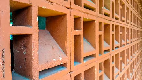 Neatly arranged piles of concrete rosters, house wall decorations, interesting texture patterns for architectural design. Taking photos from the side
