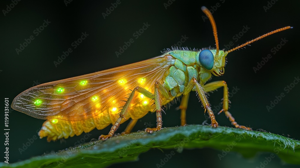 Glowing insect on leaf at night. Glowing insect on leaf at night.