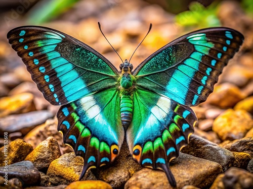 Aerial View of Common Bluebottle Butterfly (Graphium sarpedon) - Vivid Turquoise and Black Wings photo