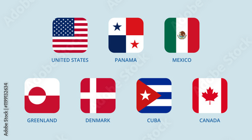 Square flags of the USA, Greenland, Panama, Canada, Mexico, Cuba, Denmark.