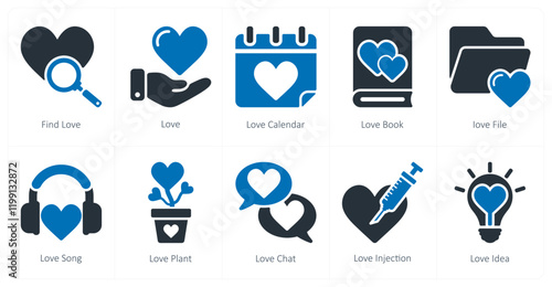 A set of 10 Valentine's Day icons as find love, love, love calendar