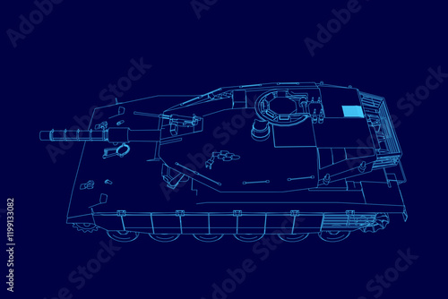 Blue drawing of a tank. The tank is shown in a very detailed and realistic way, with every part of it clearly visible. Scene is one of awe and admiration