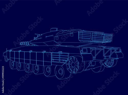 Blue drawing of a tank with a blue outline. The tank is shown in a stylized way, with a focus on its design and structure. Scene is one of strength and power