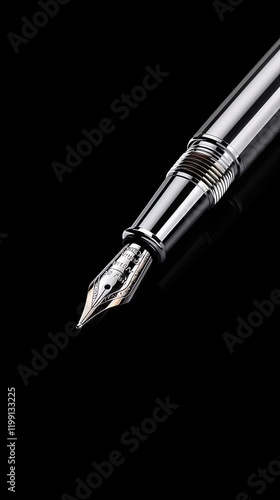 A sleek metallic fountain pen rests above an empty page, ready to write. The design details shine with soft shadows, highlighting the tip's precision against a dramatic black backdrop