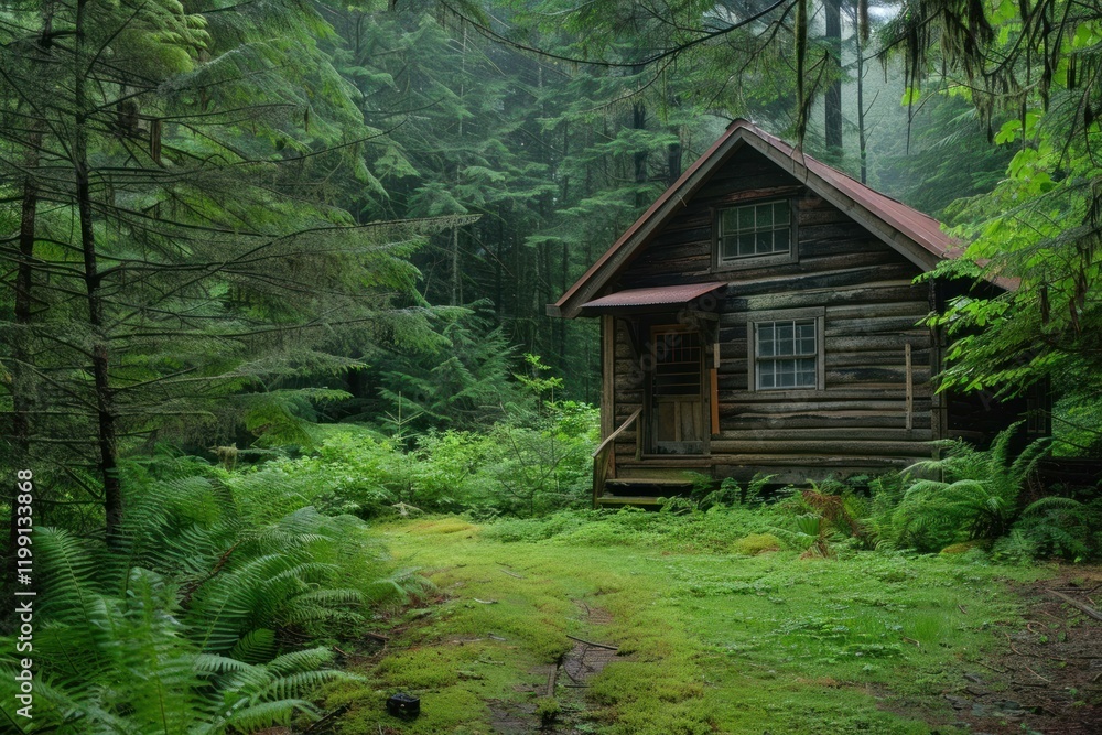 Tranquil scene of a log cabin surrounded by ferns and towering trees in a dense, vibrant forest Tranquil scene of a log cabin surrounded by ferns and towering trees in a dense, vibrant forest