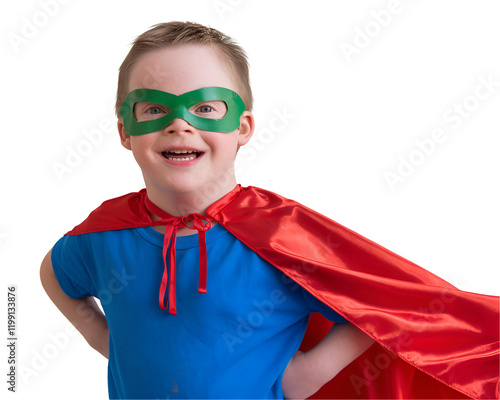 Young Boy with Down Syndrome Dressed as a Superhero, Smiling Confidently and Standing Proudly in a Colorful Costume Isolated on Transparent Background